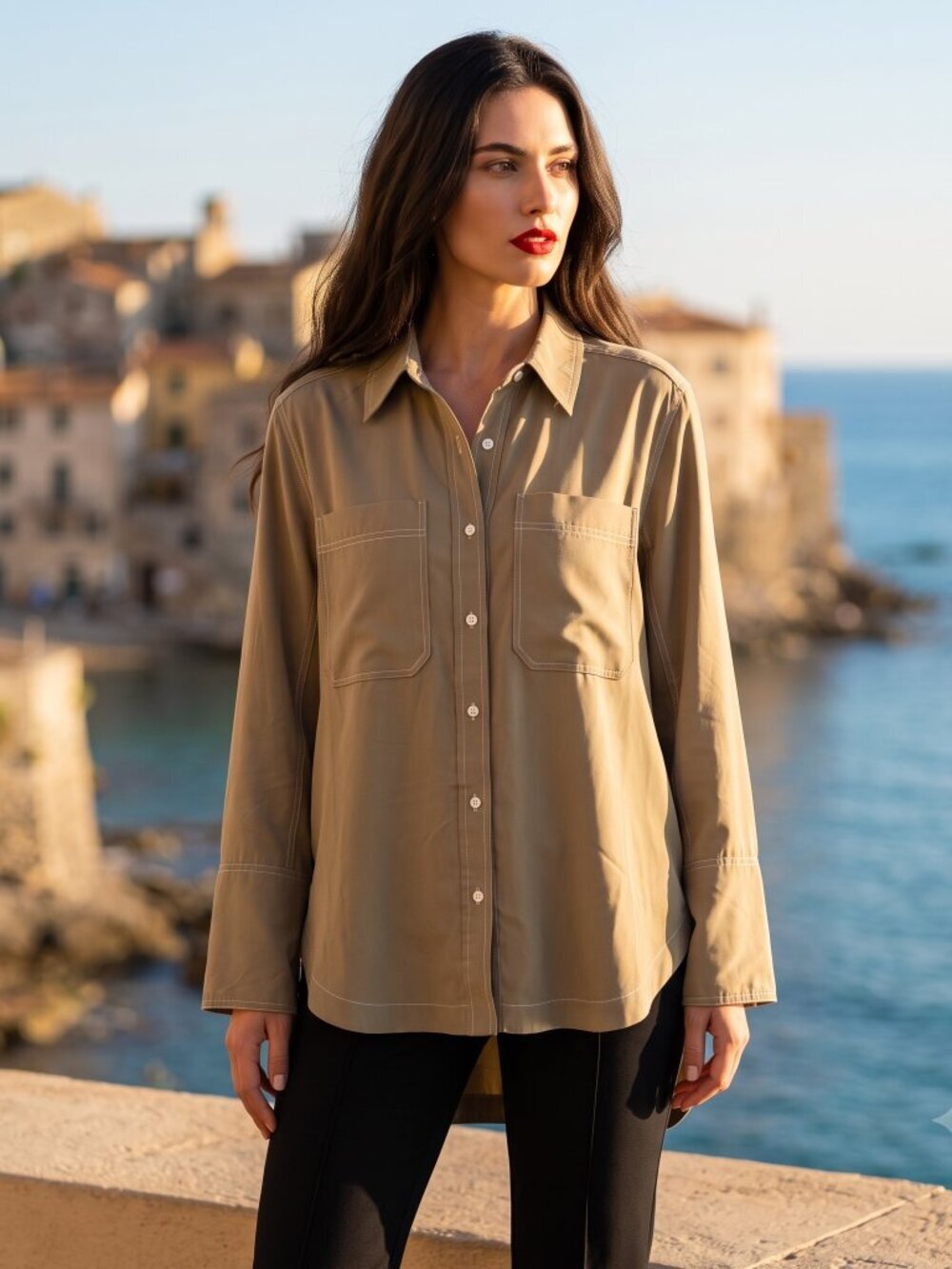 Prologue Blouse Top size large Long Sleeve Button Up Olive Green Khaki
